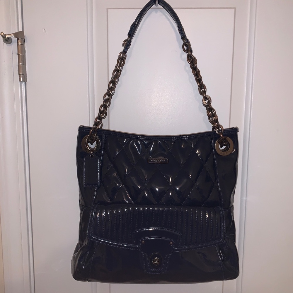 Navy Quilted Shiny Shoulder Coach Bag